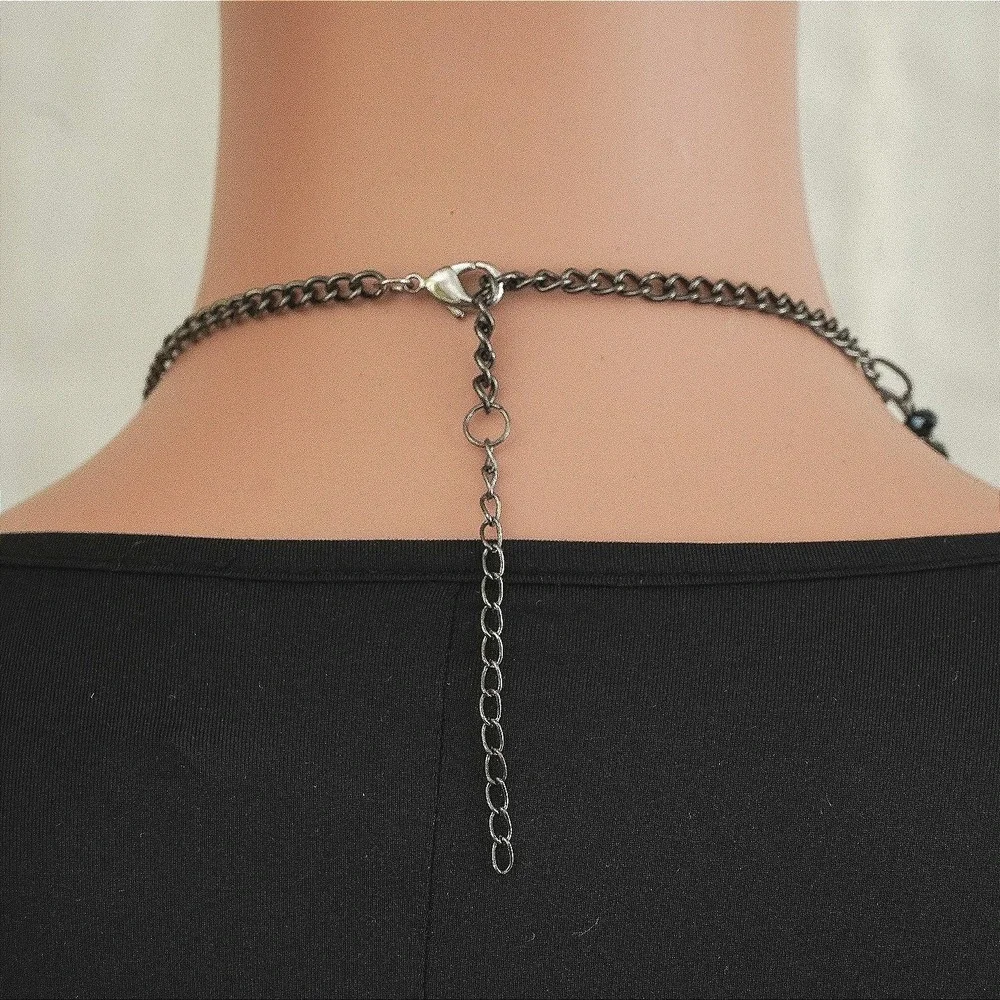 Black‎ Beaded Bib Statement Necklace Gunmetal Waterfall Drip Gothic Jewelry - Picture 5 of 5